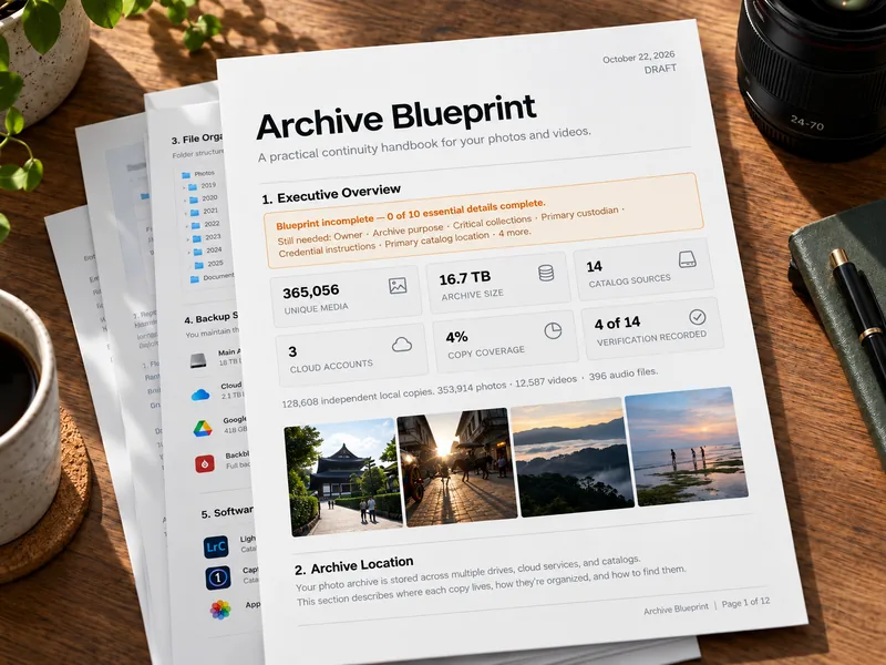 Printed Archive Blueprint draft illustration with an executive overview, archive statistics and representative photographs.