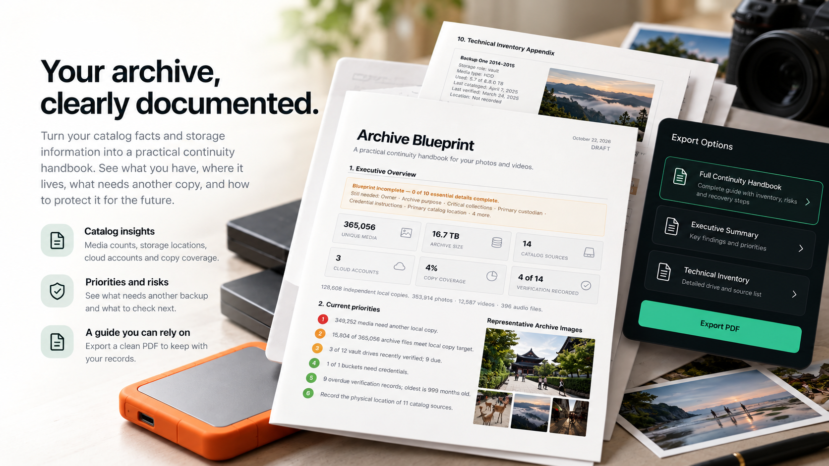 Illustrative Archive Blueprint handbook mockup with an executive overview, catalog and storage insights, backup priorities and PDF export options, beside archive drives and printed photographs.