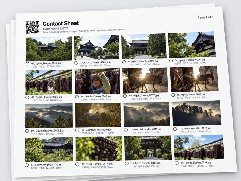 Contact sheet with sixteen travel photographs of temples, textile dyeing, horse-drawn carriages and misty mountains, plus selection circles, filenames, camera settings and a QR code.