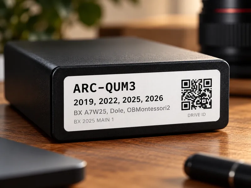 Archive drive with an ARC-QUM3 printed label, years, contents and a drive-ID QR code.