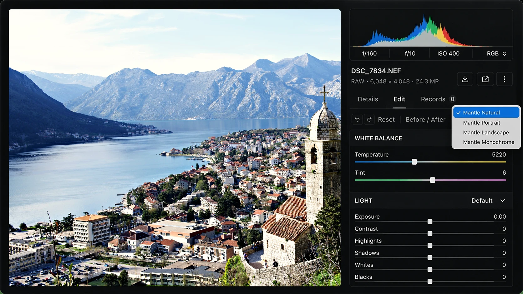 Mantle photo editing workspace showing a coastal town and bay beside a histogram, profile menu, white balance sliders and Light controls.