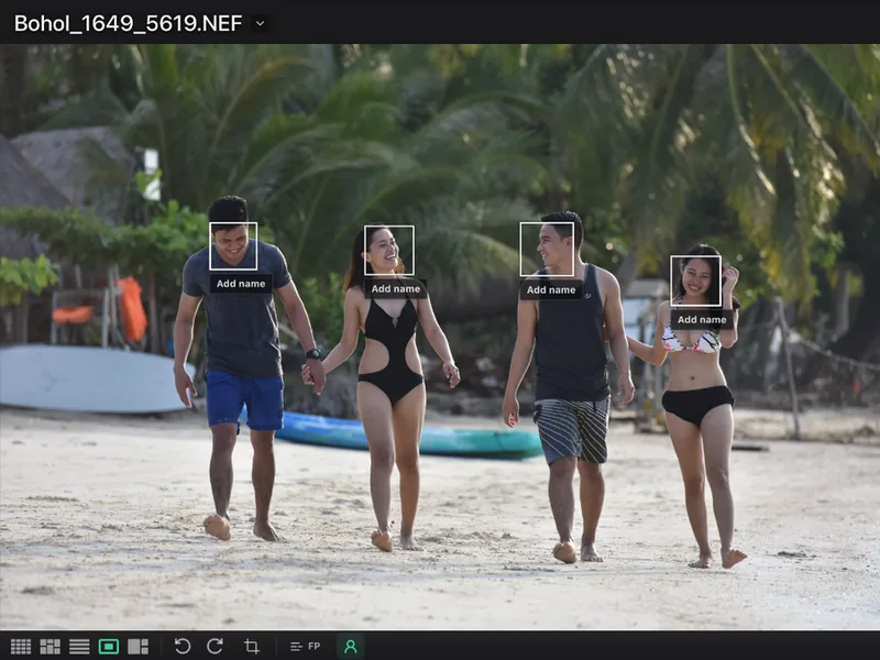 Mantle photograph showing four detected-face boxes with Add name controls awaiting user confirmation.