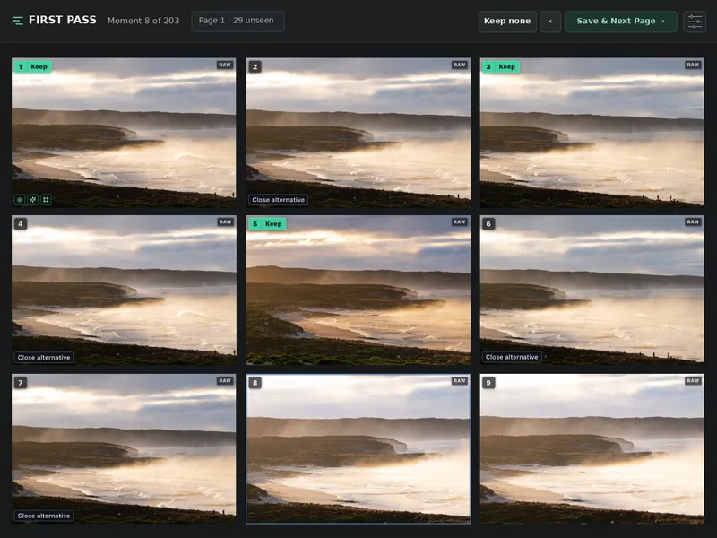 Mantle First Pass comparing nine coastal photographs, with Keep selections, Close alternative labels and Save & Next Page controls.
