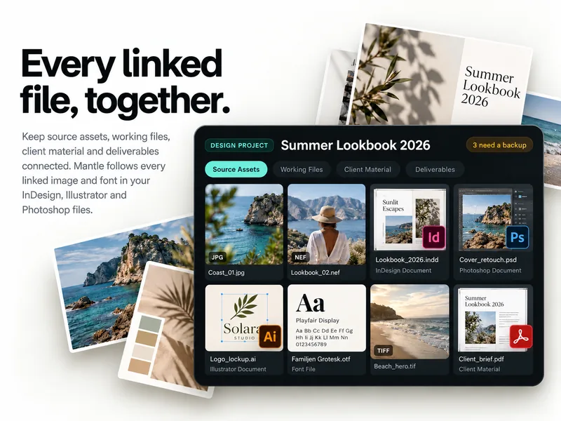 A Summer Lookbook design project connects source photographs, InDesign and Photoshop files, an Illustrator logo, a font and client material.