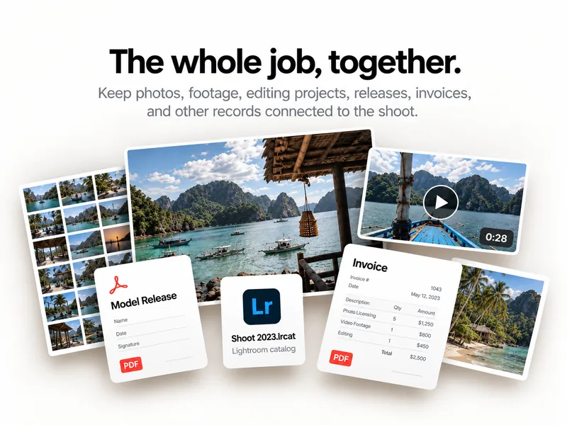 Photographs, a video, a Lightroom catalog, a model release and an invoice connected to the same shoot.