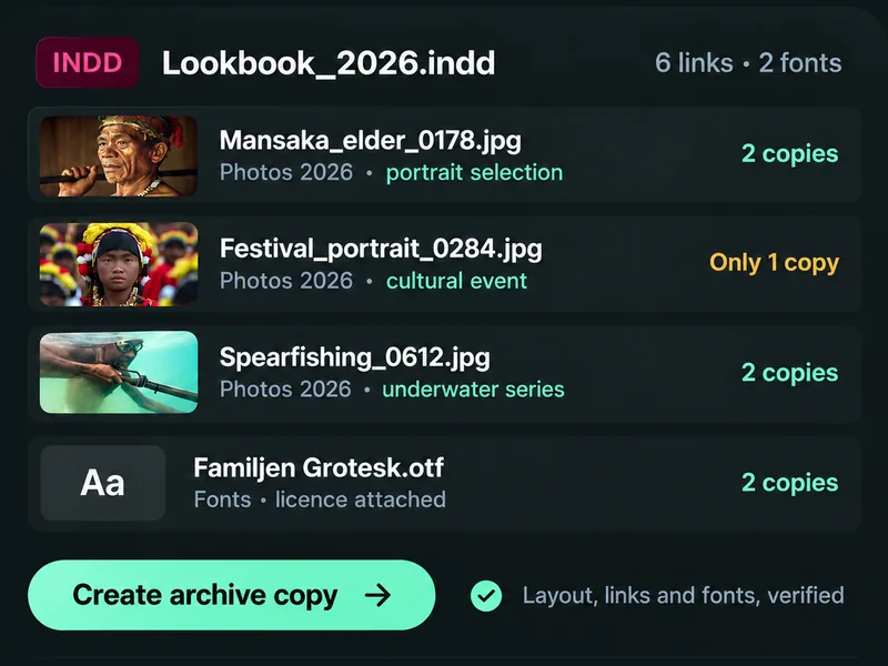 An InDesign lookbook lists linked photographs and a font, archive locations and copy counts, with an option to create an archive copy.