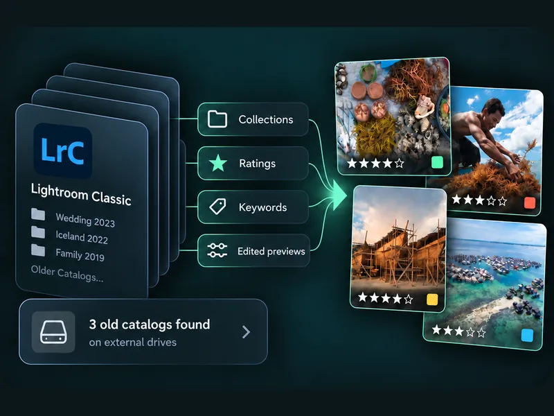 Lightroom Classic catalogs connected to collections, ratings, keywords and edited previews, with old catalogs found on external drives.