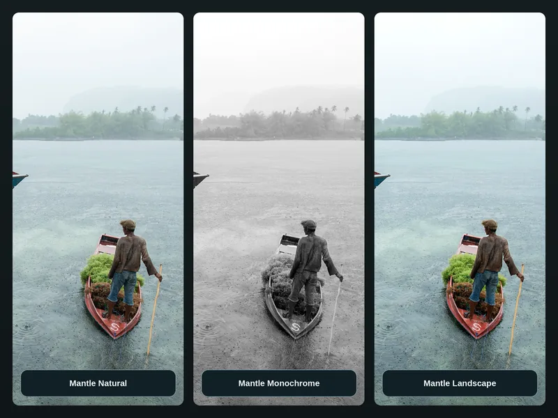 Three saved treatments of the same photograph of a man standing in a canoe in the rain: Mantle Natural, Mantle Monochrome and Mantle Landscape.