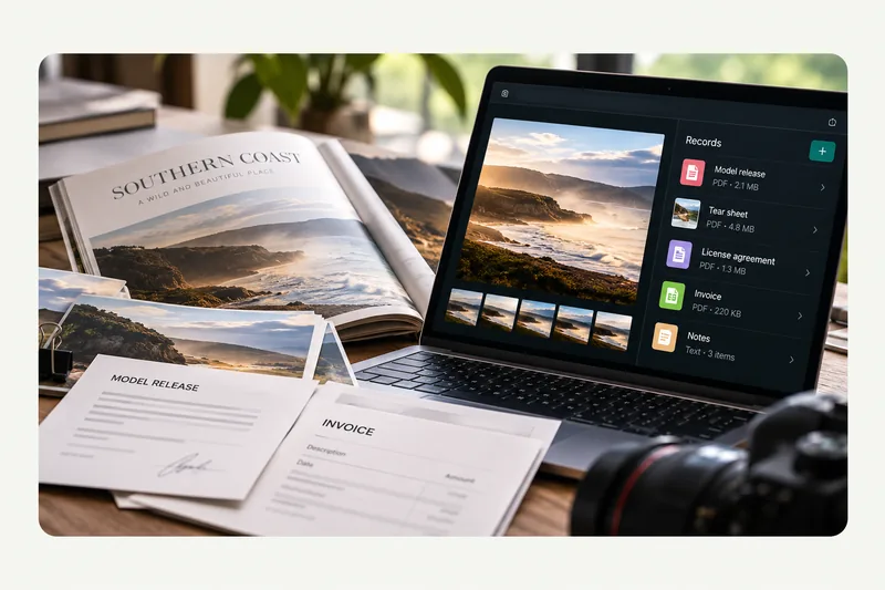 Illustration of a coastal photograph beside its magazine spread and a laptop Records list, with model-release and invoice paperwork on the desk.