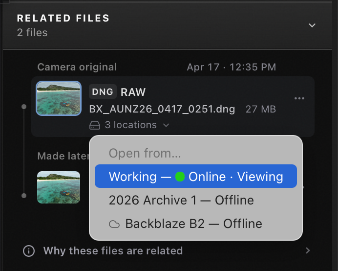 Mantle Related Files with a camera-original RAW and three recorded locations: Working is online and being viewed; 2026 Archive1 and Backblaze B2 are offline.
