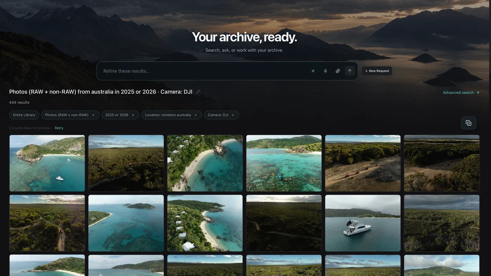 Mantle search results for photographs from Australia in 2025 or 2026, filtered to DJI cameras, with 444 results and a grid of coastal and aerial photographs.