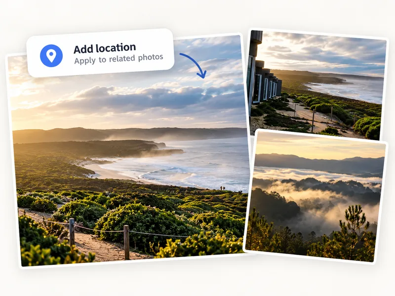 Add location to related photos, illustrated with coastal and mountain photographs.