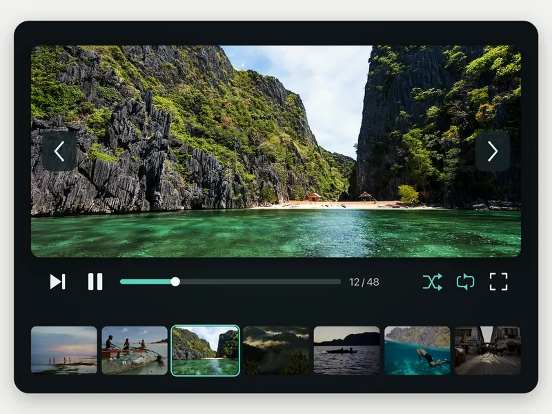 Mantle slideshow player showing a turquoise cove between limestone cliffs, with playback, shuffle, loop and full-screen controls above a photo filmstrip.