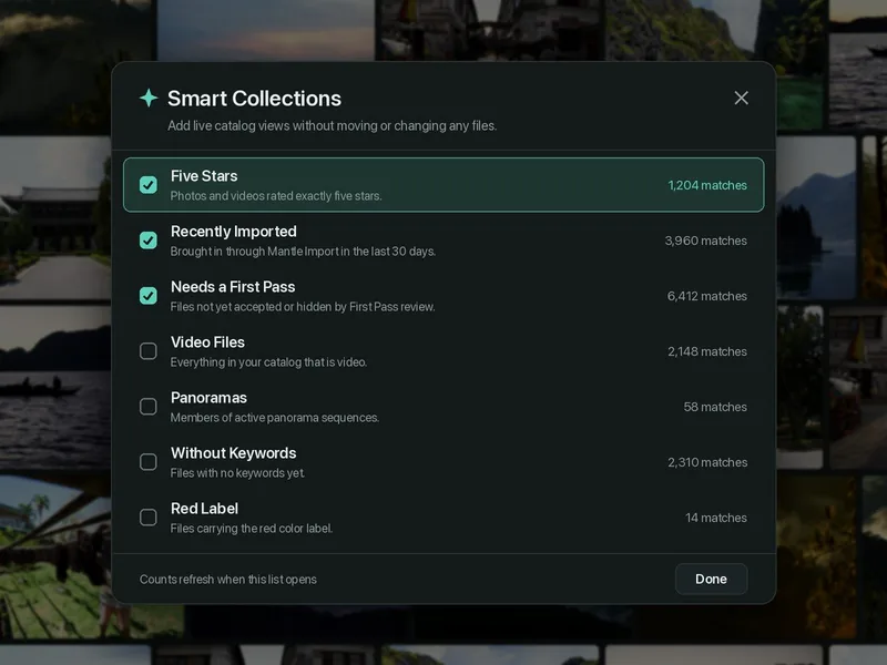 Mantle Smart Collections settings over a photo grid, with Five Stars, Recently Imported and Needs a First Pass selected, plus other built-in views and illustrative match counts.
