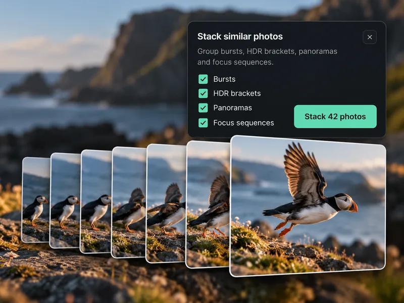 Stacking illustration with a sequence of puffin photographs and grouping options for similar photos.
