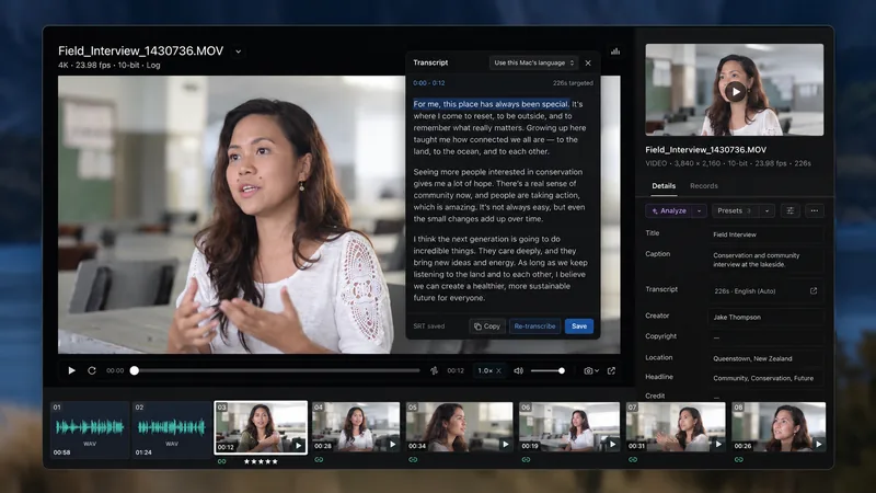 Mantle video workspace showing a woman being interviewed, a searchable transcript, clip details, playback controls and an audio and video filmstrip.