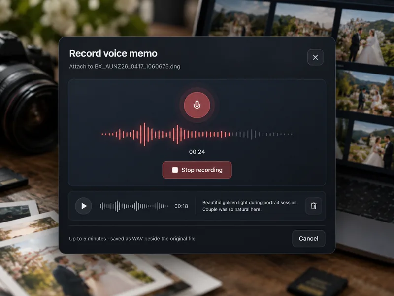 Voice memo illustration with recording waveform, timer, a saved memo and its transcript.